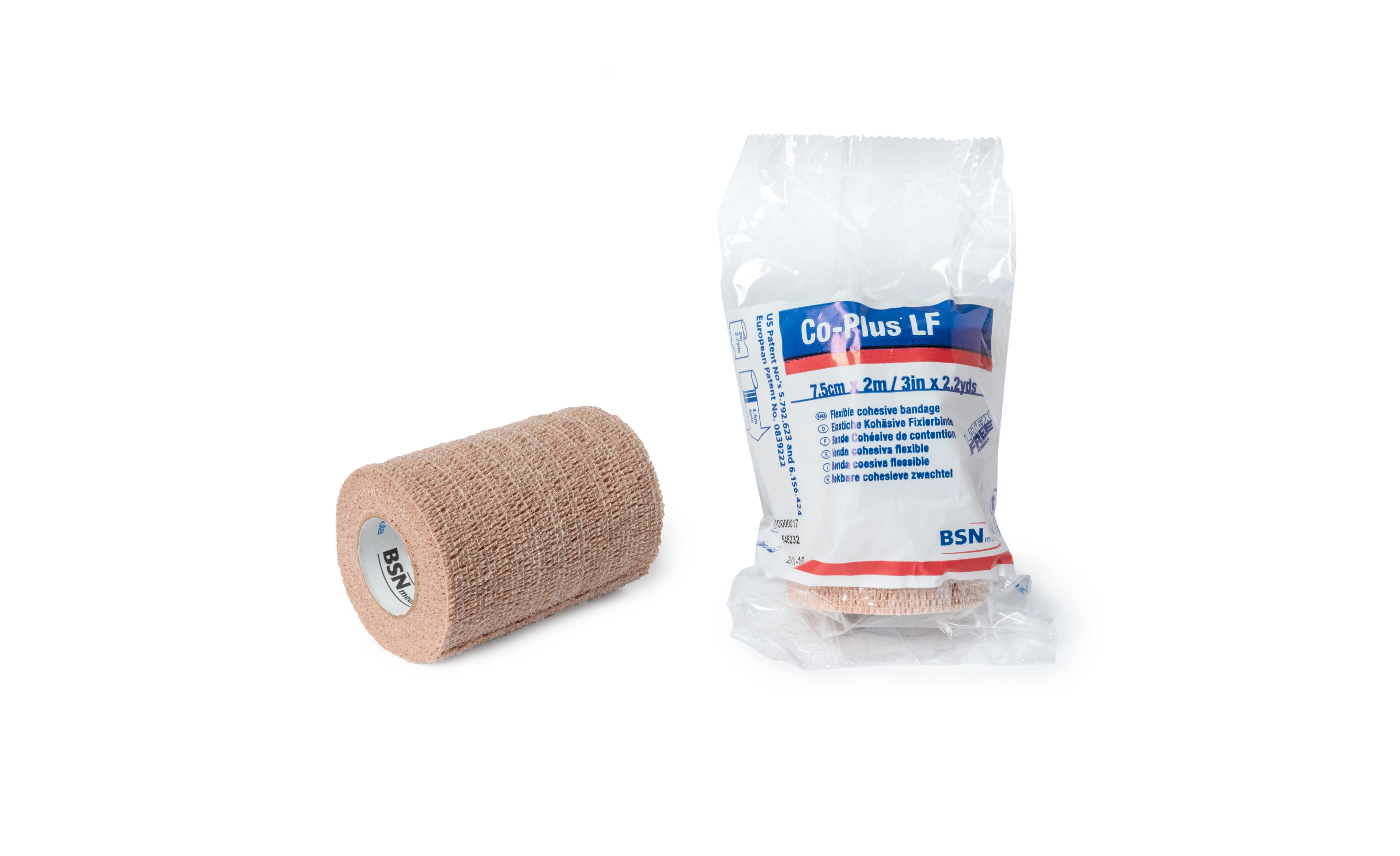 Rouleau de bande cohésive Co-Plus sans Latex 7,5cm x 3,2m, solution souple et réutilisable pour la fixation.